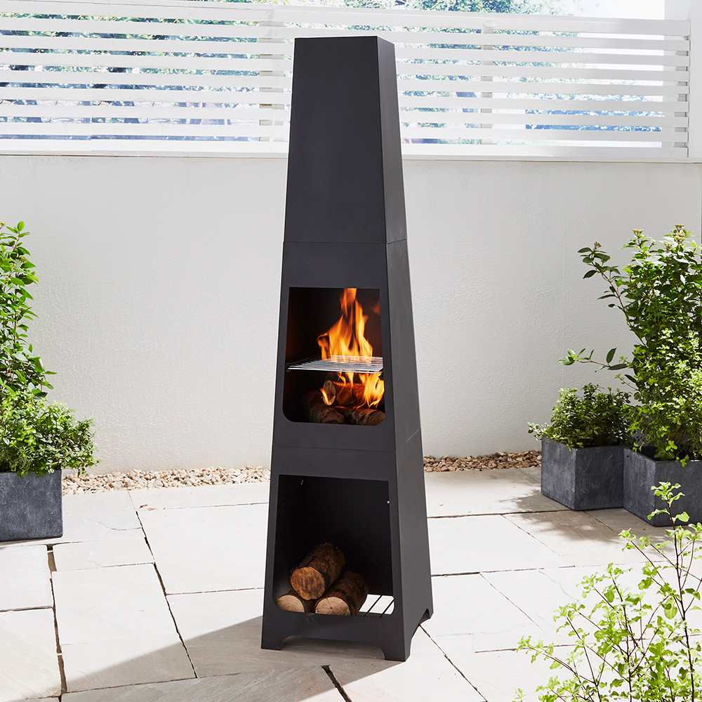 Tall Black Steel Chiminea - 150cm High Black Steel Chimenea